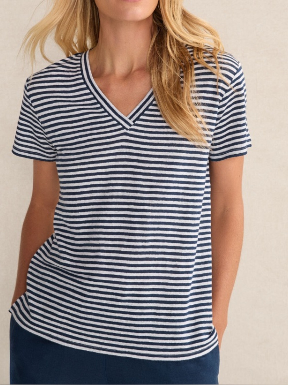 Navy and White Stripe Linen V-Neck Tee
